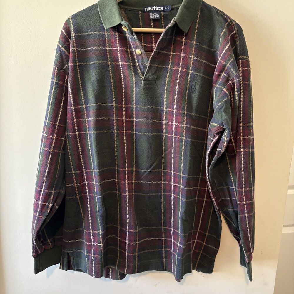 Vintage Nautica Plaid Polo Shirt Mens L Green Burgundy Tartan 90s Y2K RugbyPique